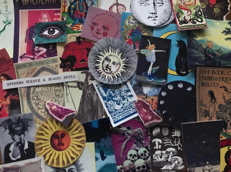 May include: A collage of vintage illustrations and images featuring a variety of themes, including astrology, witchcraft, and nature. The images are printed on paper and have a distressed, antique look. Some of the images include a sun, moon, stars, a spider web, a cat, a witch, and a skull.