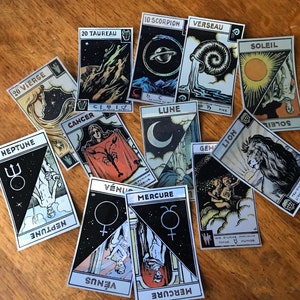 Vintage astrologie tarot vinyl sticker set, 12 stuks stickers, donkere stationaire, sticker ephemera, journaling, waterdichte holografische sticker