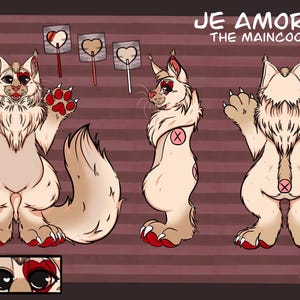Op de afbeelding: Illustratie van een Maincoon kattenpersonage genaamd Je Amora, in drie poses. Het personage is beige met rode accenten, waaronder hartvormige markeringen en voetzolen. De achtergrond is gestreept met bruine en rode lijnen. De tekst bovenaan luidt "JE AMORA THE MAINCOON".