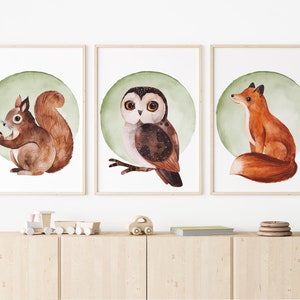 Nursery Posters Set of 3 | forest animals | DIN A4 | Owl | Fox | squirrel | watercolor