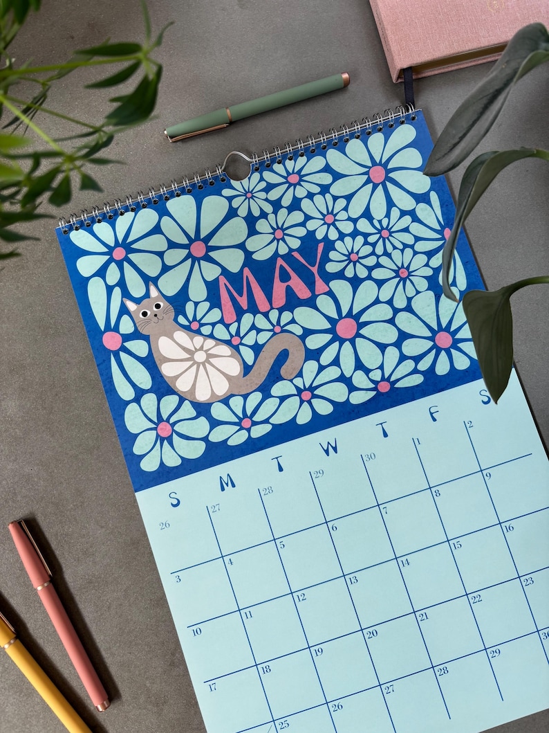 May include: A spiral-bound wall calendar for May, featuring a blue background with white and pink daisy-like flowers. A gray cat with a white belly is lounging on the calendar. A green pen rests near the calendar.