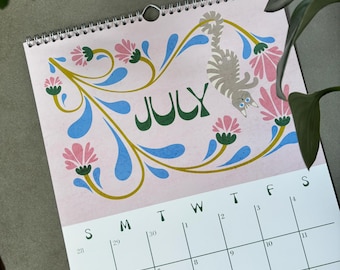 Retro Flowers and Cute Cats 2026-2027 Wall Calendar | 12 Month July - June Illustrated Academic Planner