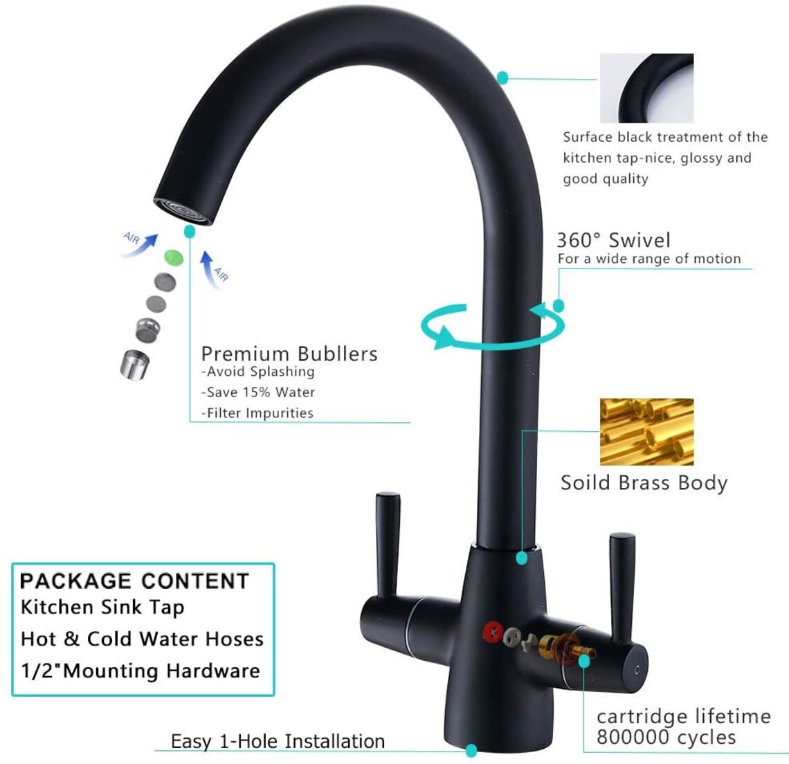 Premium Matte Black Kitchen Mixer Tap Dual Lever Swivel Spout Etsy