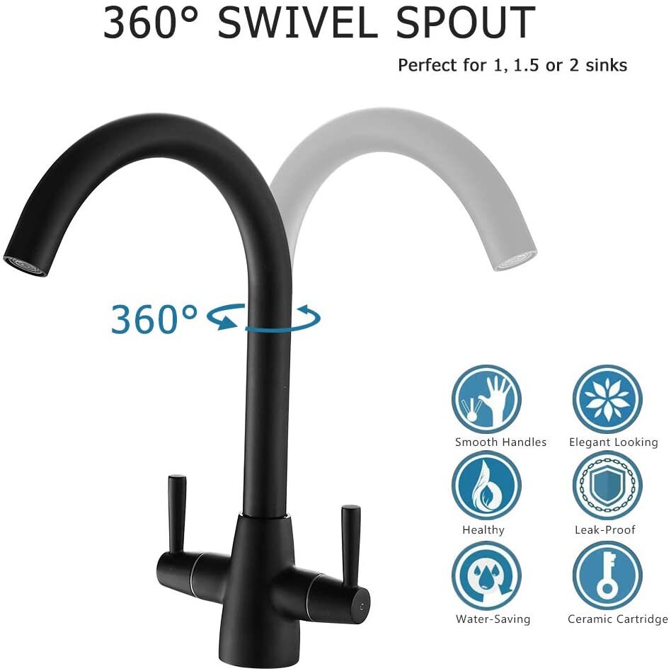 Premium Matte Black Kitchen Mixer Tap Dual Lever Swivel Spout Etsy