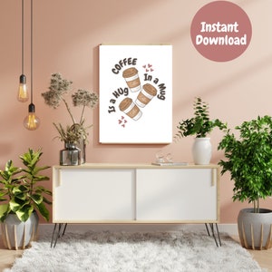 Arte mural &quot;Abrazo de taza de café&quot;: Impresión para decoración de cocina (descarga digital)