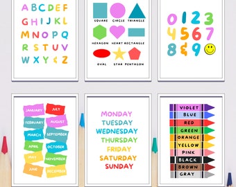 May include: Six colorful flashcards with educational content for children. The flashcards feature the alphabet, numbers, days of the week, months of the year, shapes, and colors.
