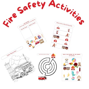 May include: A white background with red text reading "Fire Safety Activities." The image features several educational worksheets about fire safety. Worksheets include matching, coloring, and maze activities, with illustrations of fire trucks and safety symbols.