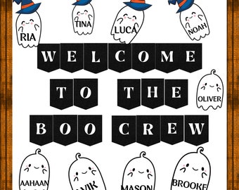 Può includere: Uno striscione di Halloween bianco e nero con le parole "Benvenuti nella squadra dei Boo" e illustrazioni di fantasmi con nomi come Ria, Tina, Luca, Noah, Oliver, Aahaan, Avik, Mason e Brooke.