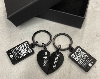 Music QR Code Keychain Pair, Heart Keyring with Scannable QR Code, Personalized Gift, Gift for Couple, Gift for Her, Gift for Him, Any Song