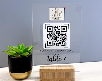 QR Code Contactless Menu, QR Code Scan for Menu in Clear Acrylic with Stand, Touchless Menu, Personalised Engraved Restaurant / Wedding Sign