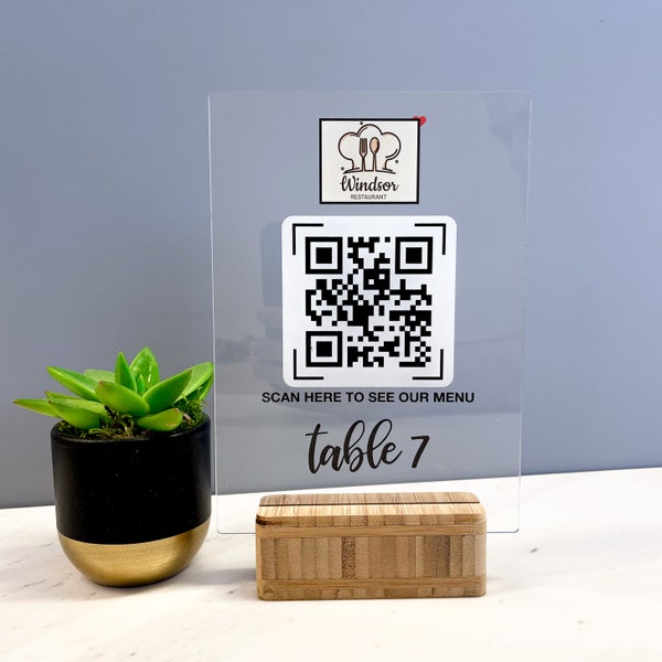 QR Code Contactless Menu, QR Code Scan for Menu in Clear Acrylic with Stand, Touchless Menu, Personalised Engraved Restaurant / Wedding Sign