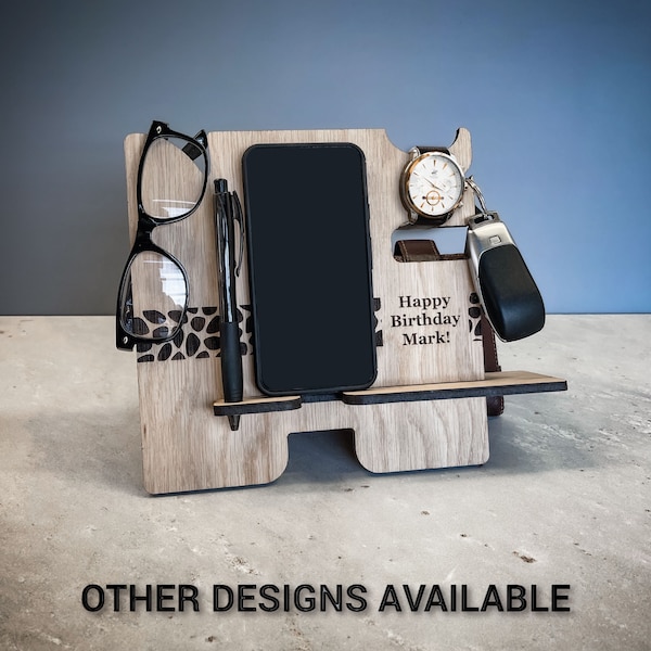 Personalised Docking Station, Engraved Mobile Phone Stand, Any Name and Message, Gift for Men, Wooden Bedside Organiser