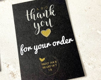 Thank You Cards Printed on Black Card, Personalised Thank You For Your Order Cards, Metallic Gold, Silver or White