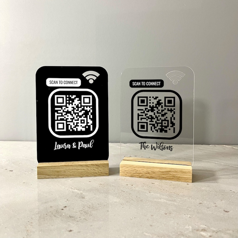Personalised QR WiFi sign made in clear or black acrylic. Just scan the QR code and will automatically connect to your wifi. A personalised message can be printed at the bottom for no extra charge
