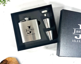 Gravur Flachmann Set 6 Unzen mit 2 Tassen und Trichter, personalisiertes Geschenk, Geschenkideen für Männer, Trauzeugen Geschenk, Trauzeuge Geschenk, Weihnachtsgeschenk