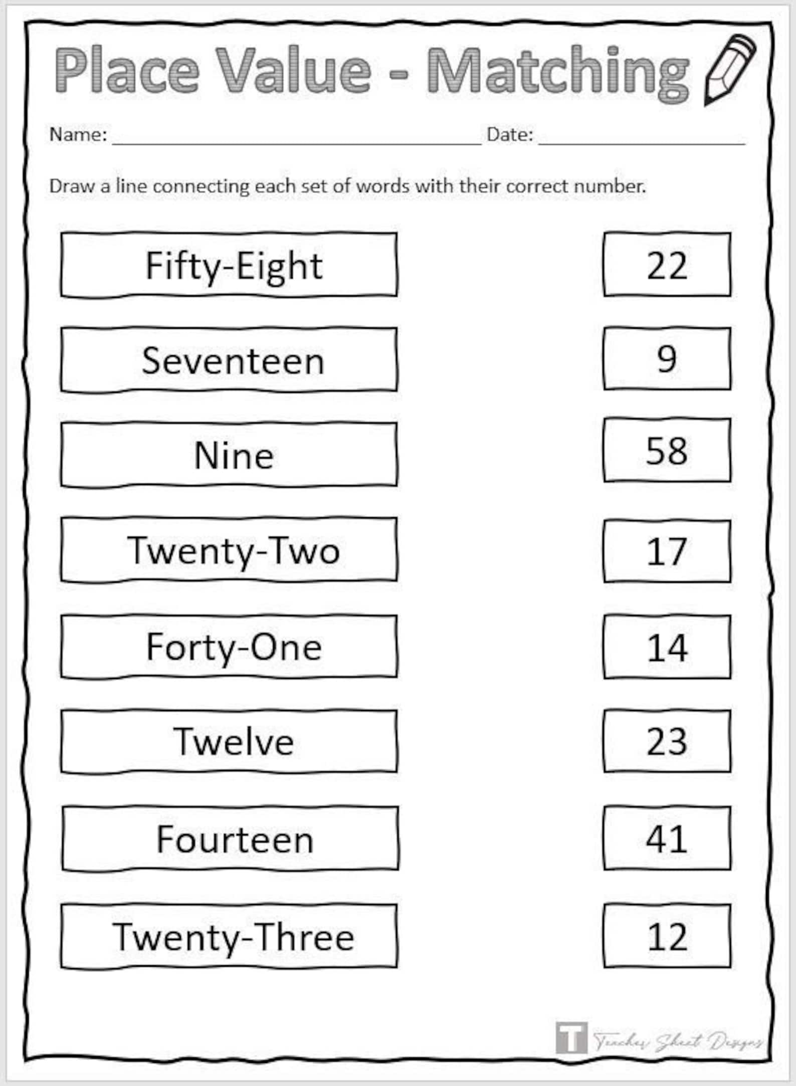 Place Value Matching Worksheet - Etsy