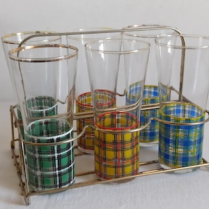 Vintage metal rack with six retro long drink glasses