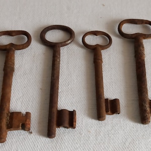 Peut inclure: Quatre clés anciennes en métal rouillé de différentes tailles. Chaque clé a une forme distincte, avec une boucle en haut et une partie dentée en bas. Les clés sont disposées en rangée sur un fond blanc.