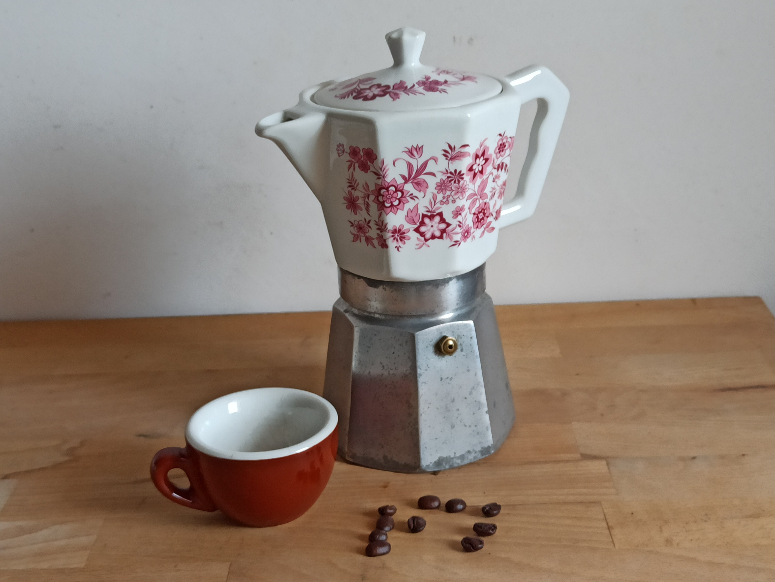 Vintage Bialetti Stovetop Espresso Coffee Pot and Five Black Porcelain Cups  with Metal Holders