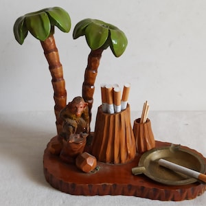 Vintage smoker desk set, ashtray, room for cigarettes and matches, palm tree and monkey figure