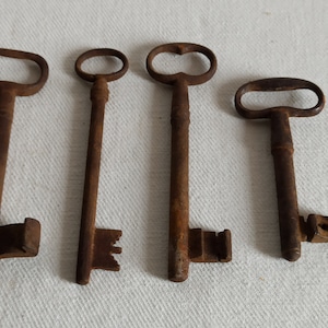 Può includere: Quattro antiche chiavi in metallo arrugginito di varie dimensioni. Ogni chiave ha una forma della testa diversa e un gambo rettangolare o dentellato. Le chiavi sono disposte su una superficie bianca e strutturata, mostrando il loro aspetto invecchiato e usurato.