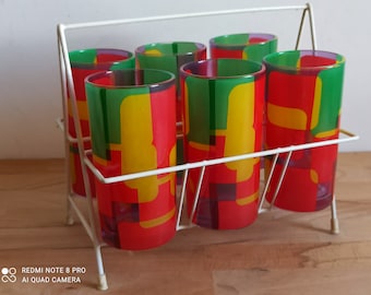 Vintage longdrink rack with six retro colorful glasses