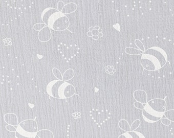 Gris Clair Abeilles Cœurs Mousseline, Coton Doux Double Gaze Tissu 05 m