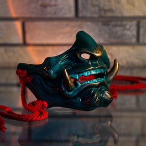 Japanse Samurai Oni Demon Jade Half Masker | KLAAR EN GESCHILDERD