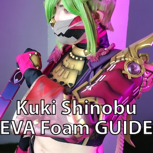 May include: A cosplayer dressed as Kuki Shinobu from Genshin Impact, wearing a red and gold costume with a purple and black sword. The text "Kuki Shinobu EVA Foam GUIDE" is visible in the image.