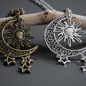 Moon Sun and Stars Necklace Bronze Moon Necklace Silver Moon Necklace Everyday Jewellery Galaxy Space Cosmic Long Necklace Celestial Stars