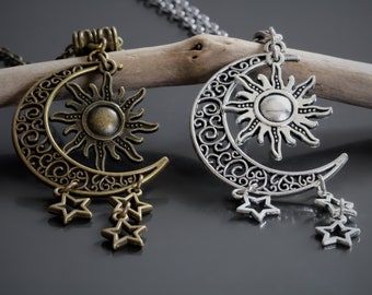 Maan Zon en Sterren Ketting Lange Bronze of Zilveren Ketting Heelal Kosmos Sterrenhemel Sieraden Goedkoop Voor Haar Cadeau Kadootje Maan