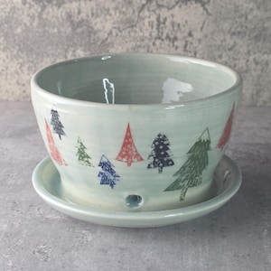 May include: A light blue ceramic planter with a matching saucer. The planter is decorated with colorful tree designs in red, green, and blue. The planter has a drainage hole and is suitable for small plants or succulents.