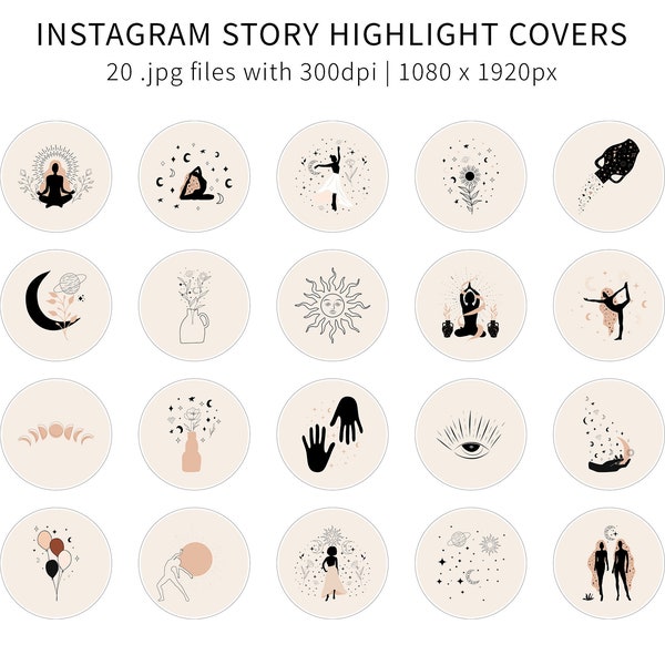 Mystical Spiritual Art Instagram Story Highlight Covers | Mindfulness Theme Highlight Icons | Yoga Poses | Celestial Social Media Icons