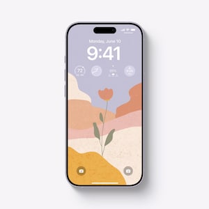 Puede incluir: Un smartphone con marco lila muestra un fondo de pantalla digital con un diseño floral. La pantalla de bloqueo muestra la hora, la fecha y la información de la batería. El fondo de pantalla tiene una estética minimalista con tonos cálidos.