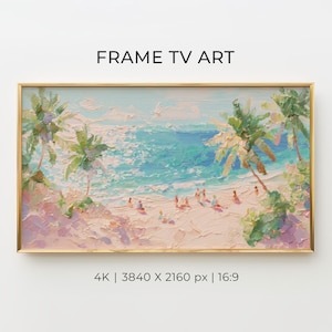 Tropical Beach Scene Frame TV Art, Palm Trees Ocean View with People, Soft Pastel Coastal Painting Digital Wall Decor for Relaxed Interiors
