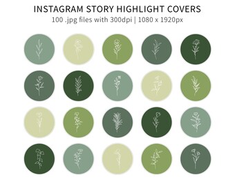 Botanicals Instagram Story Highlight Covers | Green Theme Highlight Icons | Plant Line Drawings | Shades of Green | Social Media Icons