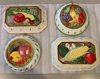 Vintage lot of four Italian ceramic jello molds, 3D fruit and vegetables kitchen wall decor wall hangings.