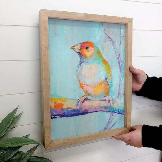カラフルなフィンチの鳥の絵画 - 木製フレームアート - 自然アート 