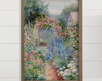 Hermoso arte floral de pared - Hogar con jardín de flores - Arte en lienzo con jardín de flores - Marco de madera