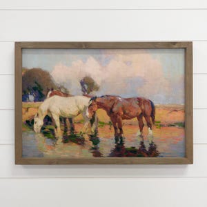 Horse Artwork - Horses Water Hole - Large Canvas Art - Wood Framed Wall Art