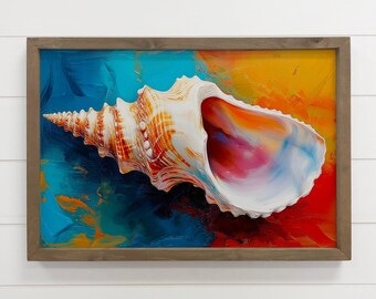 Puede incluir: Pintura enmarcada de una gran concha blanca con detalles en naranja y marrón. La concha se encuentra sobre un fondo vibrante de pinceladas azules, amarillas y rojas, creando una exhibición colorida y artística. El marco es de color madera natural.