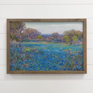 Texas Wall Art - Feld der Blue Bonnets - Blumen Leinwand Kunst - Holzgerahmt Kunst