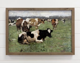 Vintage Cow Canvas Print - Cows Impressionist Painting - Farmed Farmhouse Wall Art