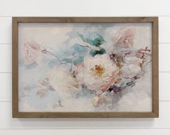 Pintura de rosa descolorida - Arte floral en lienzo - Decoración con marco de madera - Letrero de madera