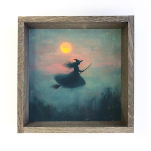 Witchy Painting - Witch in the Night Sky - Halloween Canvas Art - Wood Framed