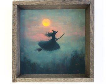 Cuadro de brujas - Bruja en el cielo nocturno - Lienzo de Halloween - Marco de madera