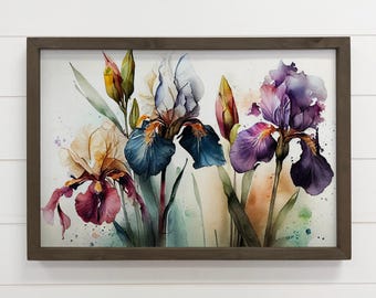 Iris Watercolor Dreams Wall Art - Floral Canvas Art - Framed - Wooden Sign