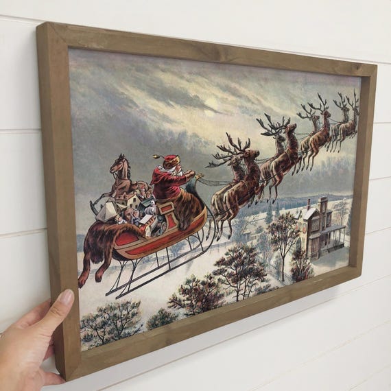空飛ぶそりに乗ったヴィンテージサンタ - クリスマスキャンバスアート