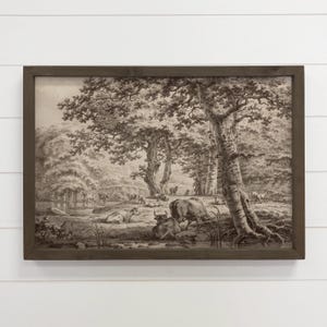 Koeien onder de bomen - Canvaskunst boerderij - Decor hout ingelijst - Houten bord