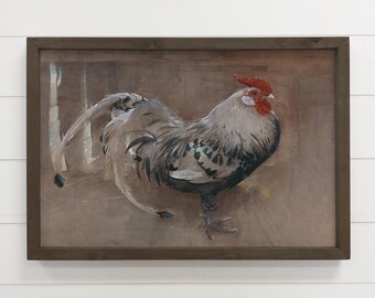 Framed Chicken Art - Spangled Rooster Painting - Rooster Canvas Art - Wood Framed Artwork